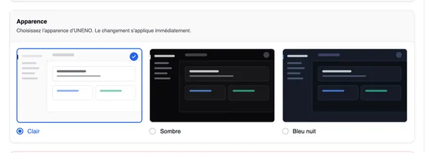 La carte « Apparence » avec les trois apparences Clair (sélectionnée), Sombre et Bleu nuit, chacune avec un petit aperçu.