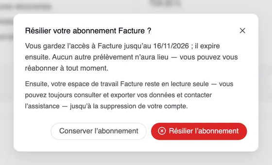 La fenêtre « Résilier votre abonnement Facture ? » avec la date jusqu’à laquelle l’accès reste ouvert, l’avis sur la lecture seule et les boutons « Conserver l’abonnement » et « Résilier l’abonnement ».