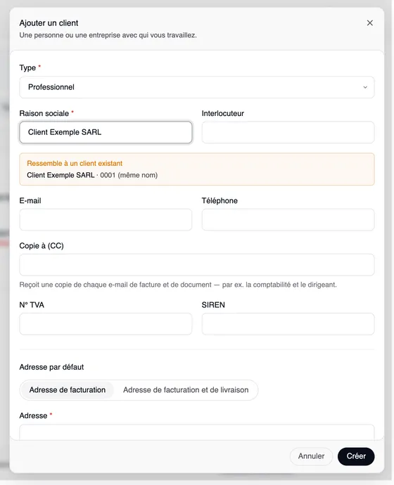 La fenêtre « Ajouter un client » avec la raison sociale Client Exemple SARL et la remarque orange « Ressemble à un client existant — Client Exemple SARL · 0001 (même nom) ».