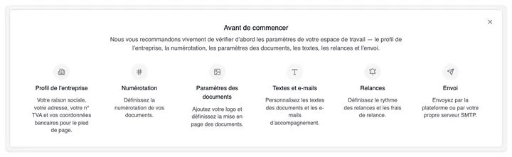 La carte « Avant de commencer » avec six liens : Profil de l’entreprise, Numérotation, Paramètres des documents, Textes et e-mails, Relances et Envoi, chacun avec une courte description.