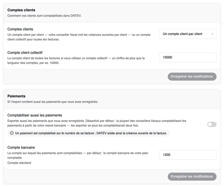 La carte « Comptes clients » (un compte client par client, compte client collectif 10000) et la carte « Paiements » (« Comptabiliser aussi les paiements » désactivé, avec la remarque qu’un paiement est comptabilisé sur le numéro de sa facture ; compte bancaire 1200 comme compte standard), chacune avec « Enregistrer les modifications ».