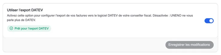 La première carte : « Utiliser l’export DATEV » activé, en dessous la remarque verte « Prêt pour l’export DATEV » avec une coche ; en bas « Enregistrer les modifications », encore grisé.