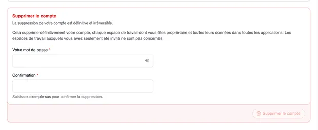 La carte rouge « Supprimer le compte » avec l’avis sur la suppression définitive, les champs « Votre mot de passe » et « Confirmation », l’indication « Saisissez exemple-sas pour confirmer la suppression. » et le bouton « Supprimer le compte » encore inactif.