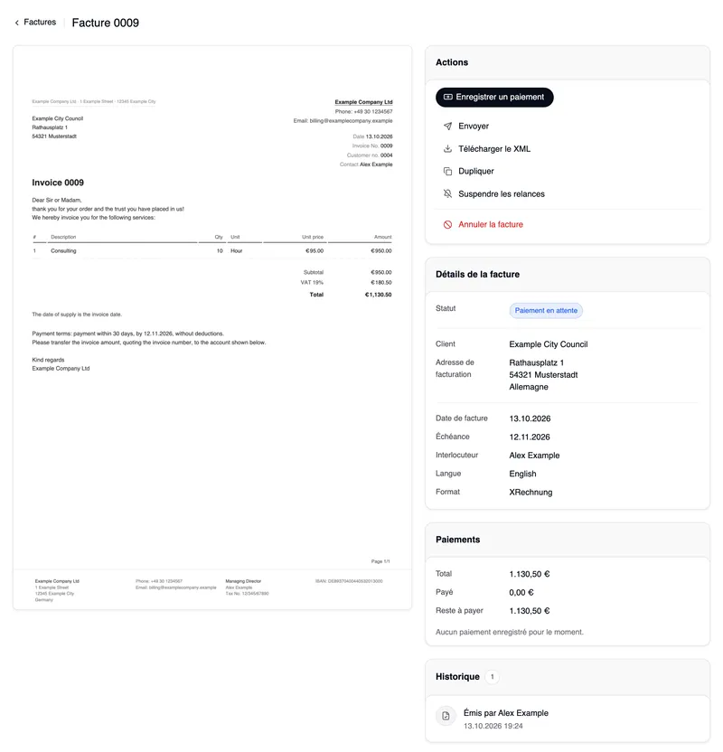 La fiche de la facture 0009 à Example City Council : à gauche le PDF, à droite les actions avec « Enregistrer un paiement », « Envoyer », « Télécharger le XML », « Dupliquer » et « Suspendre les relances », en rouge « Annuler la facture », les détails de la facture avec le format XRechnung, et les paiements.