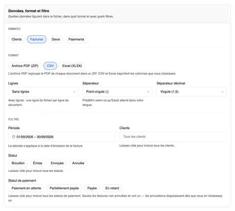 La carte « Données, format et filtre » avec trois sections : Données (Clients, Factures — sélectionné —, Devis, Paiements), Format (Archive PDF (ZIP), CSV — sélectionné —, Excel (XLSX) ; en dessous côte à côte Lignes « Sans lignes », Séparateur « Point-virgule (;) » et Séparateur décimal « Virgule (1,5) ») et Filtre (la période 01/09/2026 – 30/09/2026 et Clients, en dessous Statut — Brouillon, Émise, Envoyée, Annulée — et Statut de paiement — Paiement en attente, Partiellement payée, Payée, En retard).