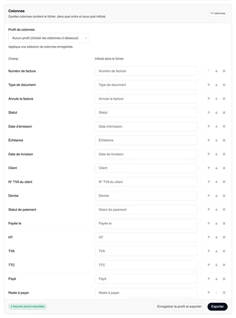 La carte « Colonnes » avec « 17 colonnes » en haut à droite, le champ Profil de colonnes sur « Aucun profil (choisir les colonnes ci-dessous) » et un tableau Champ · Intitulé dans le fichier — Numéro de facture, Type de document, Annule la facture, Statut, Date d’émission, Échéance, Date de livraison, Client, N° TVA du client, Devise, Statut de paiement, Payée le, HT, TVA, TTC, Payé, Reste à payer — chacun avec un champ pour votre propre intitulé et, à droite, des flèches pour le déplacer et un × ; en bas « 2 factures seront exportées » en vert, « Enregistrer le profil et exporter » et « Exporter ».