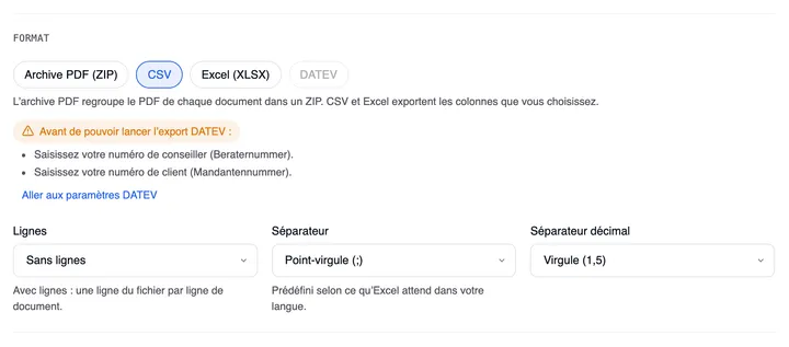La section Format avec DATEV grisé et la remarque orange « Avant de pouvoir lancer l’export DATEV : » — en dessous « Saisissez votre numéro de conseiller (Beraternummer). » et « Saisissez votre numéro de client (Mandantennummer). » — et le lien « Aller aux paramètres DATEV ».