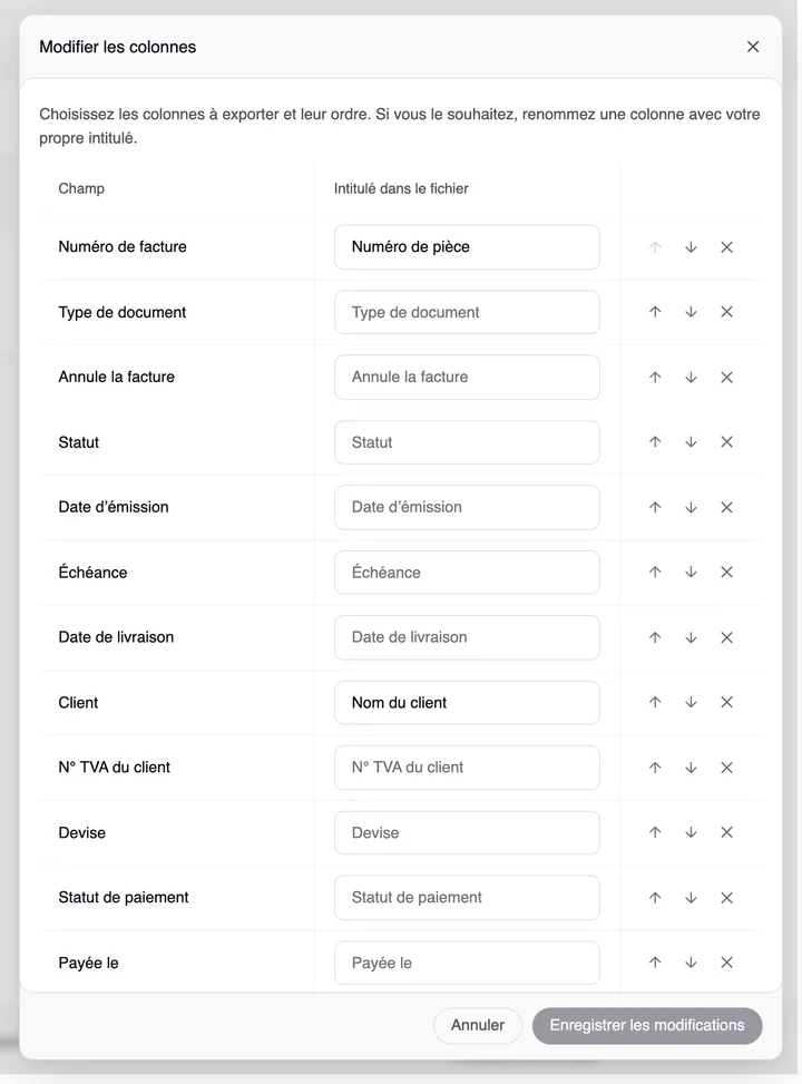 La fenêtre « Modifier les colonnes » avec un tableau Champ · Intitulé dans le fichier : Numéro de facture avec son propre intitulé « Numéro de pièce », Type de document, Annule la facture, Statut, Date d’émission, Échéance, Date de livraison, Client avec « Nom du client » et d’autres — chacun avec des flèches et × à droite ; en bas Annuler et « Enregistrer les modifications », encore grisé.