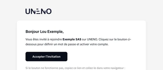 L’e-mail d’invitation « Bonjour Lou Exemple, Vous êtes invité à rejoindre Exemple SAS sur UNENO » avec le bouton « Accepter l’invitation ».