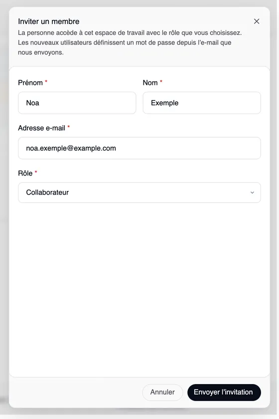 La fenêtre « Inviter un membre » avec la remarque sur le rôle et l’e-mail pour le mot de passe, le prénom Noa, le nom Exemple, l’adresse e-mail noa.exemple@example.com, le rôle Collaborateur et les boutons « Annuler » et « Envoyer l’invitation ».