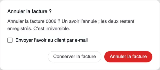 La fenêtre « Annuler la facture ? » : « Annuler la facture 0006 ? Un avoir l’annule ; les deux restent enregistrés. C’est irréversible. », avec la case « Envoyer l’avoir au client par e-mail » et les boutons « Conserver la facture » et « Annuler la facture ».