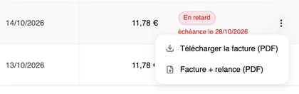 Le menu ouvert d’une facture en retard avec « Télécharger la facture (PDF) » et « Facture + relance (PDF) ».