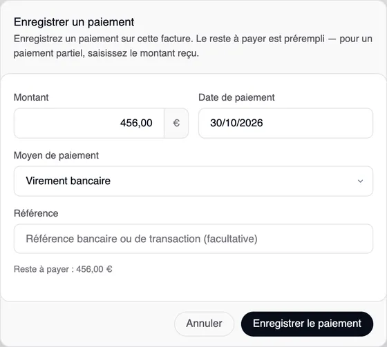 La fenêtre « Enregistrer un paiement » avec le montant 456,00 €, la date de paiement 30/10/2026, le moyen de paiement Virement bancaire, le champ Référence et la mention « Reste à payer : 456,00 € », puis les boutons « Annuler » et « Enregistrer le paiement ».