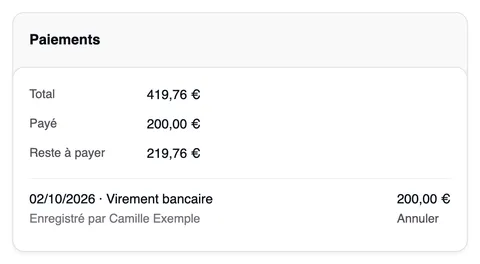 La carte Paiements de la facture 0005 : Total 419,76 €, Payé 200,00 €, Reste à payer 219,76 €, en dessous le paiement du 02/10/2026 par virement bancaire de 200,00 €, enregistré par Camille Exemple, avec « Annuler ».