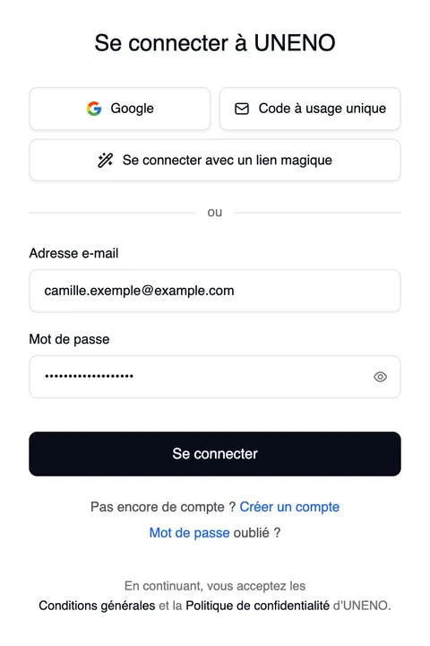 La page de connexion « Se connecter à UNENO » : en haut « Google » et « Code à usage unique » côte à côte et « Se connecter avec un lien magique », puis « ou », Adresse e-mail, Mot de passe, le bouton « Se connecter », « Pas encore de compte ? Créer un compte » et « Mot de passe oublié ? ».