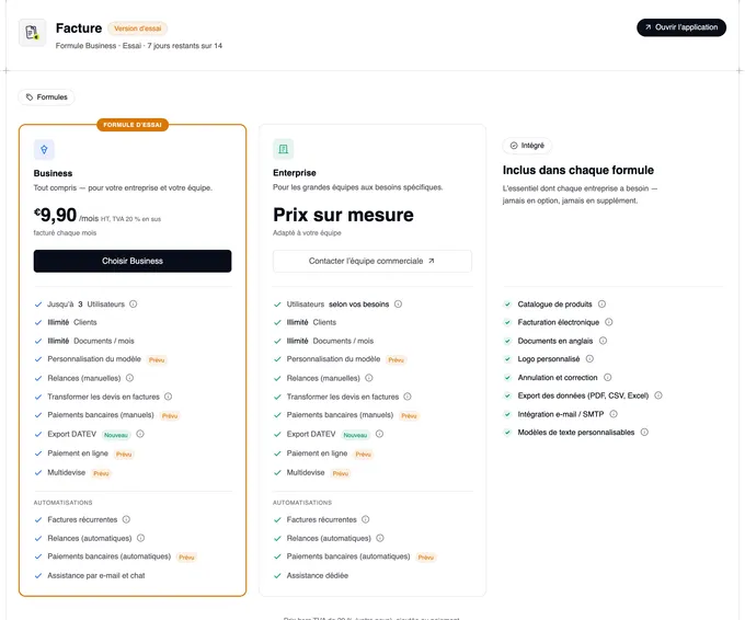 La page de l’application Facture pendant l’essai : en haut « Facture » marqué « Version d’essai » avec la ligne « Formule Business · Essai · 7 jours restants sur 14 » et « Ouvrir l’application » à droite ; en dessous, les formules Business (marquée Formule d’essai, « Choisir Business ») et Enterprise (« Contacter l’équipe commerciale »), avec « Inclus dans chaque formule » à côté.