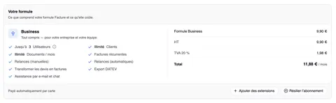 La carte « Votre formule » : à gauche la formule Business avec ses fonctions, à droite la facturation — Formule Business 9,90 €, HT 9,90 €, TVA 20 % 1,98 €, Total 11,88 € / mois ; en bas « Payé automatiquement par carte » avec « Ajouter des extensions » et « Résilier l’abonnement ».