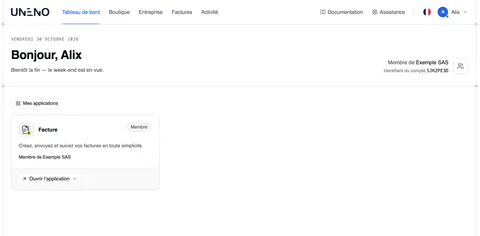 Le tableau de bord d’Alix avec « Membre de Exemple SAS » à droite et l’application « Facture » sous « Mes applications », marquée « Membre », avec le bouton « Ouvrir l’application ».