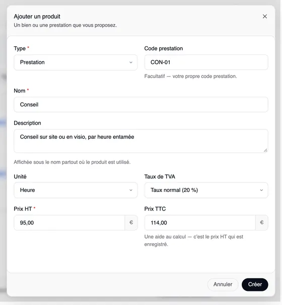 La fenêtre « Ajouter un produit » — « Un bien ou une prestation que vous proposez. » — avec le type Prestation, le code prestation CON-01, le nom Conseil, la description « Conseil sur site ou en visio, par heure entamée », l’unité Heure, le taux de TVA Taux normal (20 %), le prix HT 95,00 et le prix TTC 114,00.