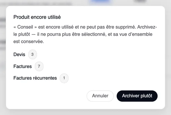 La fenêtre « Produit encore utilisé » : « Conseil » est encore utilisé et ne peut pas être supprimé — Devis 3, Factures 7, Factures récurrentes 1. Avec « Annuler » et « Archiver plutôt ».