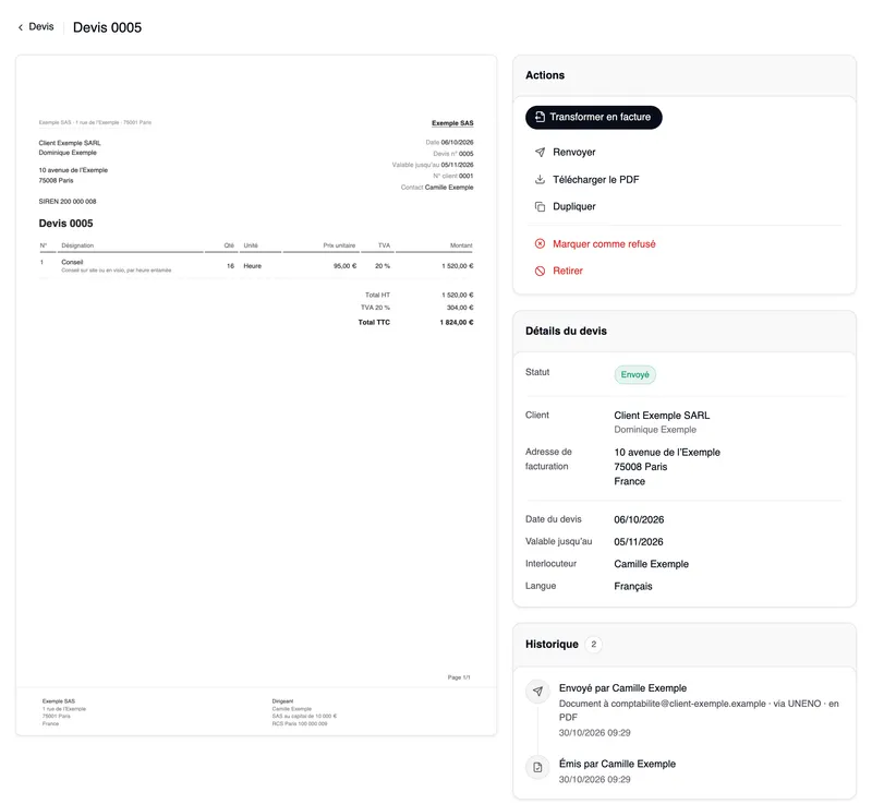 La fiche du devis 0005 : à gauche le devis en tant que document d’Exemple SAS, avec l’adresse de Client Exemple SARL, son SIREN, la ligne Conseil (16 Heure à 95,00 €), Total HT 1 520,00 €, TVA 20 % 304,00 € et Total TTC 1 824,00 €, et en pied de page « SAS au capital de 10 000 € » et « RCS Paris 100 000 009 » ; à droite la carte Actions avec « Transformer en facture », puis Renvoyer, Télécharger le PDF et Dupliquer, et en rouge « Marquer comme refusé » et Retirer ; en dessous les détails du devis avec le statut Envoyé, et l’historique avec Envoyé et Émis par Camille Exemple.