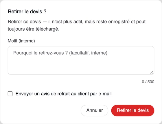La fenêtre « Retirer le devis ? » avec le champ « Motif (interne) », la case « Envoyer un avis de retrait au client par e-mail » et les boutons « Annuler » et « Retirer le devis ».