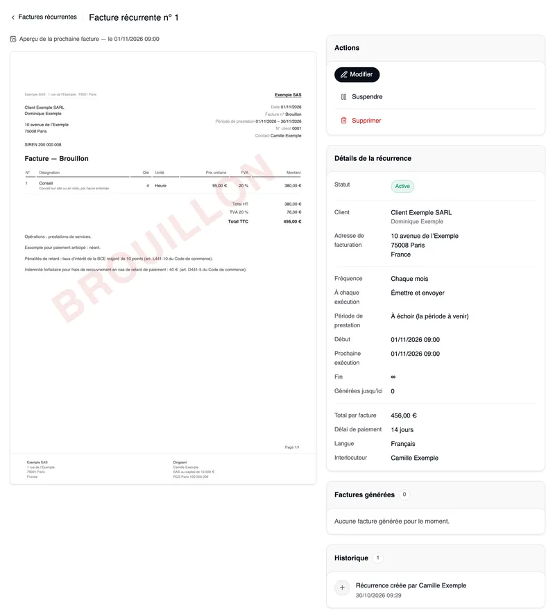 La fiche de la récurrence n° 1 pour Client Exemple SARL : à gauche « Aperçu de la prochaine facture — le 01/11/2026 09:00 » et la facture sous forme de document marqué BROUILLON — date 01/11/2026, période de prestation du 01/11/2026 au 30/11/2026, Conseil 4 heures, Total TTC 456,00 € ; à droite la carte Actions avec « Modifier », en dessous Suspendre et, en rouge, Supprimer ; puis les détails de la récurrence avec le statut Active, le client, l’adresse de facturation, la fréquence Chaque mois, à chaque exécution Émettre et envoyer, la période de prestation à échoir, le début, la prochaine exécution, la fin ∞, générées jusqu’ici 0, le total par facture 456,00 €, le délai de paiement 14 jours, la langue et l’interlocuteur ; plus bas les factures générées et l’historique avec « Récurrence créée ».