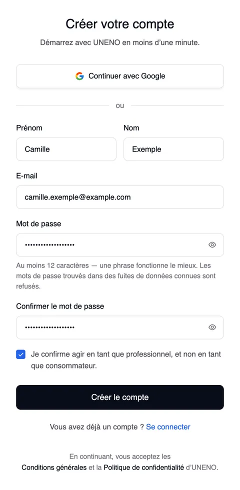 La page « Créer votre compte » : en haut « Continuer avec Google », puis « ou » et le formulaire avec prénom, nom, e-mail, mot de passe, confirmation du mot de passe, la confirmation professionnelle, le bouton « Créer le compte » et « Vous avez déjà un compte ? Se connecter ».