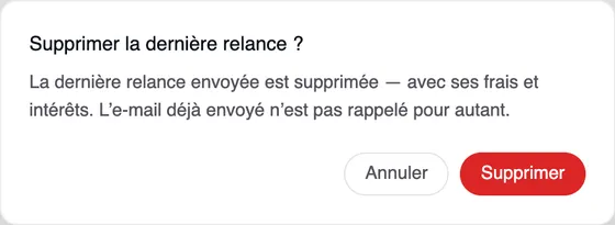 La fenêtre « Supprimer la dernière relance ? » : La dernière relance envoyée est supprimée — avec ses frais et intérêts. L’e-mail déjà envoyé n’est pas rappelé pour autant. Boutons Annuler et Supprimer.