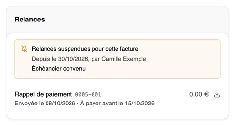 La carte Relances de la facture 0005 : un encadré orange « Relances suspendues pour cette facture — Depuis le 30/10/2026, par Camille Exemple — Échéancier convenu » ; en dessous le rappel de paiement 0005-001, envoyé le 08/10/2026, à payer avant le 15/10/2026.