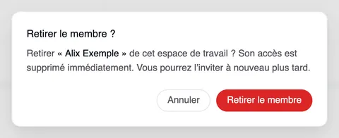 La fenêtre « Retirer le membre ? » qui demande s’il faut retirer « Alix Exemple » de cet espace de travail, avec les boutons « Annuler » et « Retirer le membre ».
