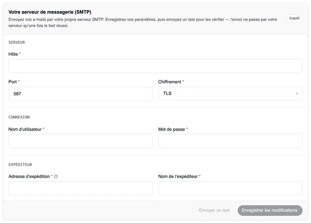 La carte « Votre serveur de messagerie (SMTP) » avec le statut « Inactif » et ses champs en trois groupes — Serveur (Hôte, Port 587, Chiffrement TLS), Connexion (Nom d’utilisateur, Mot de passe) et Expéditeur (Adresse d’expédition, Nom de l’expéditeur) — et les boutons « Envoyer un test » et « Enregistrer les modifications ».