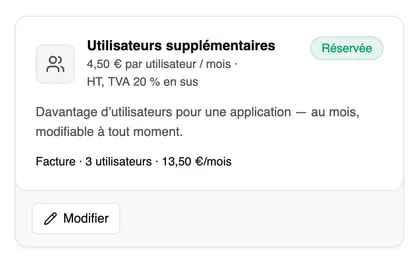 La carte « Utilisateurs supplémentaires » après la réservation, marquée « Réservée », avec la ligne « Facture · 3 utilisateurs · 13,50 €/mois » et le bouton « Modifier » en bas.